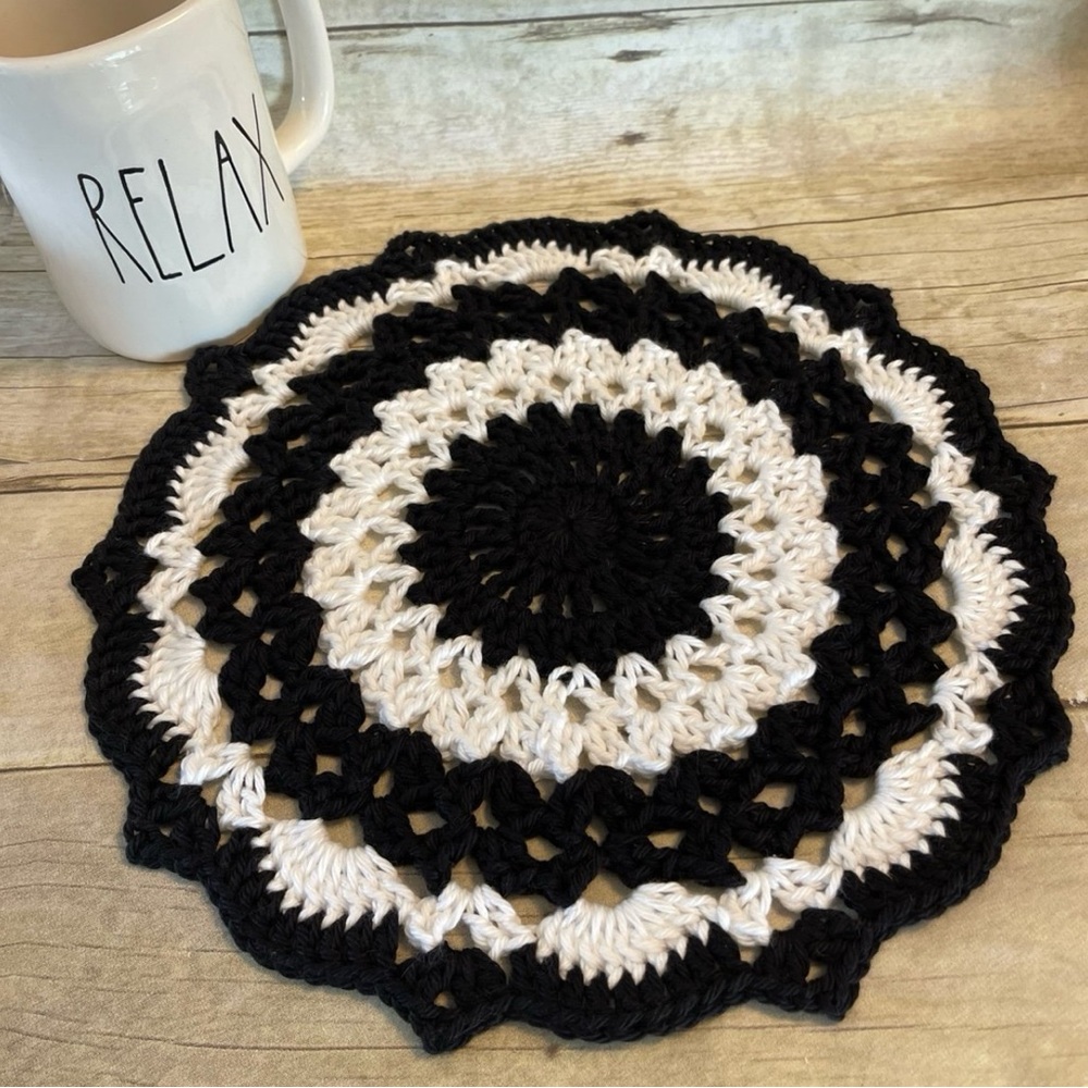 Black & White Crochet Doily Centerpiece Handmade 12 Inches